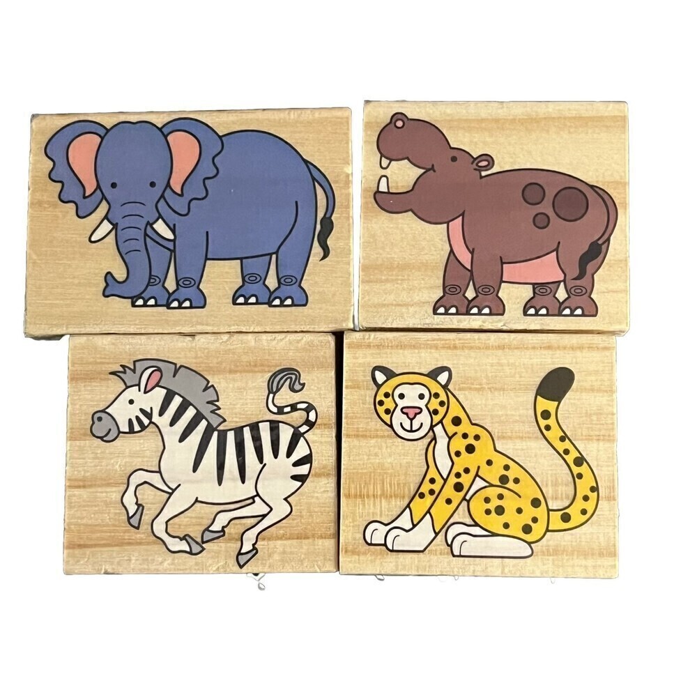 Wooden Rubber Stamps Set Of 4 New Animals Elephant Zebra Leopard Rhino